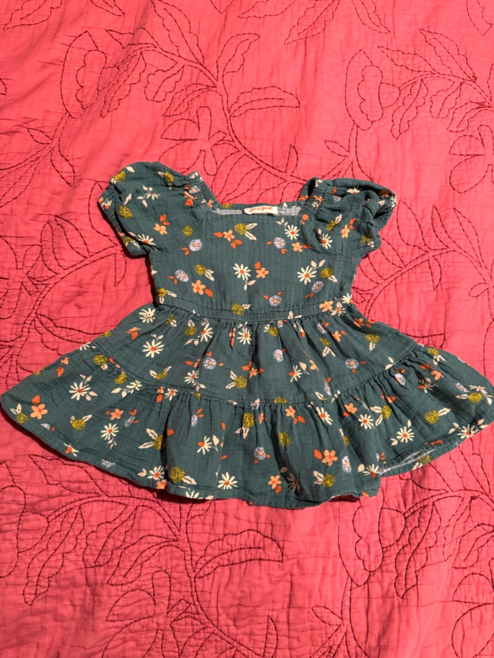 Cat & Jack Teal Floral Baby Dress with Puff Sleeves and Matching Bloomers 12-18m